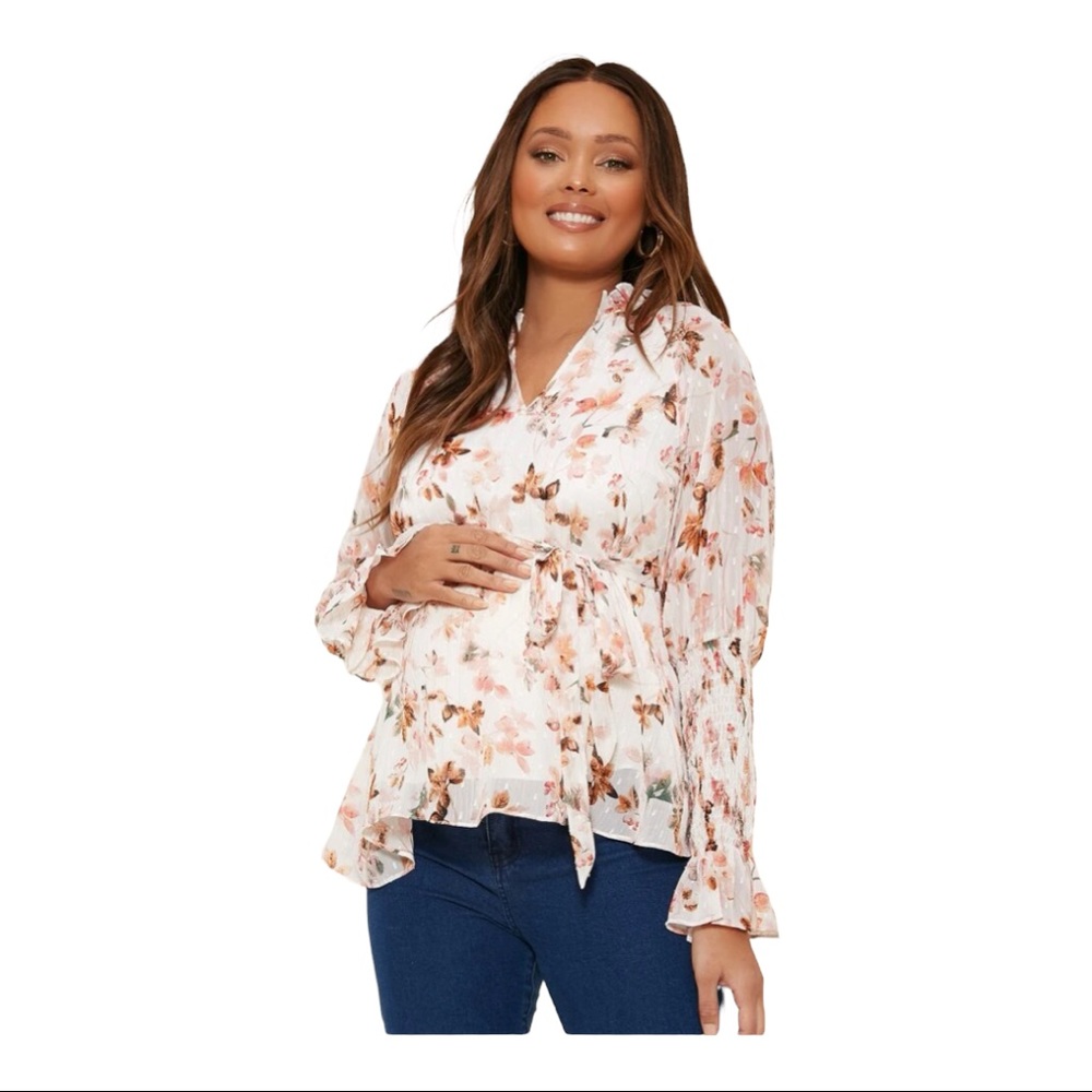 SHEIN Maternity Notched Neck Shirred Ruffle Sleeve
Belted Top